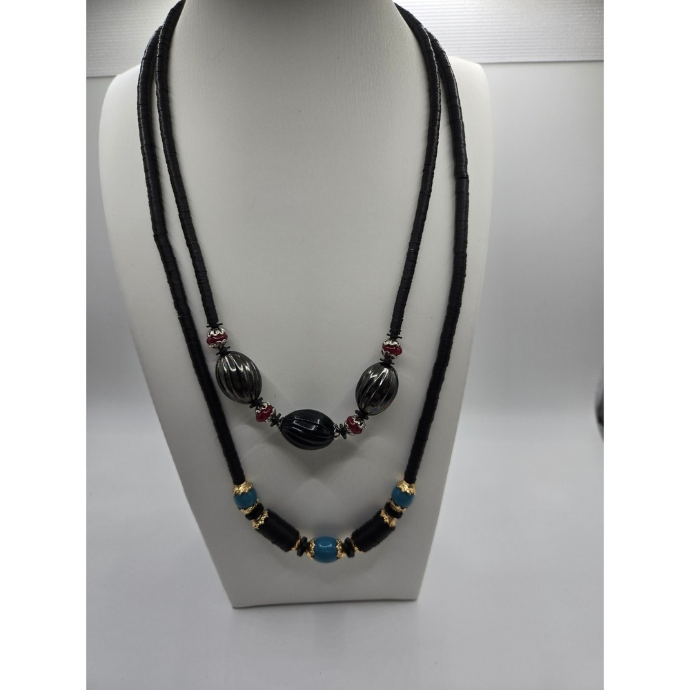 Czech Republic Beaded Necklace Set Black Turquoise Red Silver Tone Layering Boho